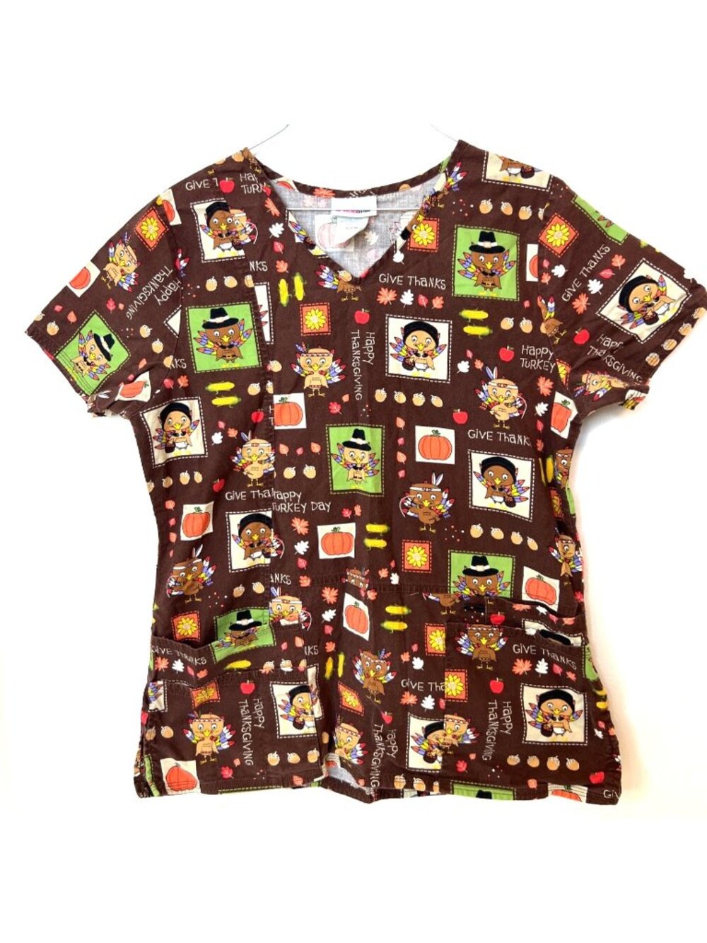 Thanksgiving Scrub Top Shirt Small Turkey Owl Gobble Pilgrim Pumpkin Nurse Vet